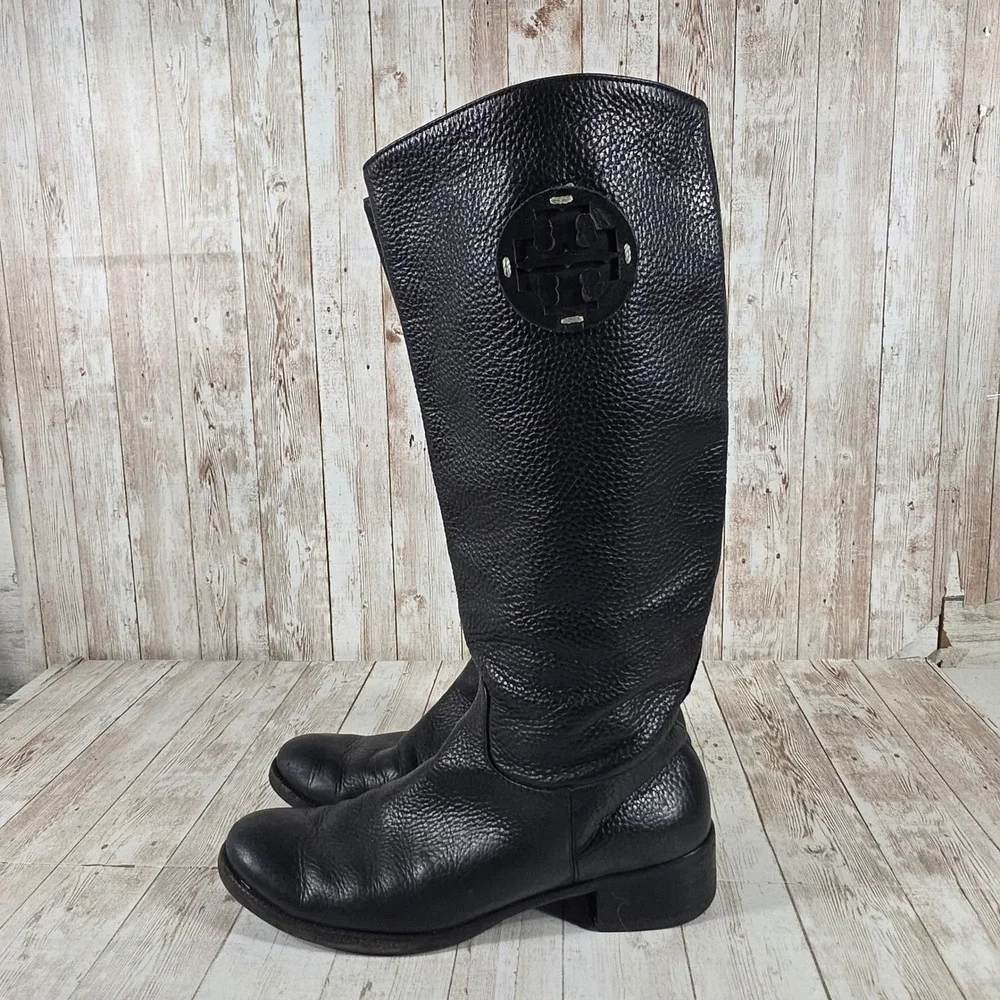 Tory Burch Black Pebbled‎ Leather Tall Riding Boots Logo Medallion Womens 7M
